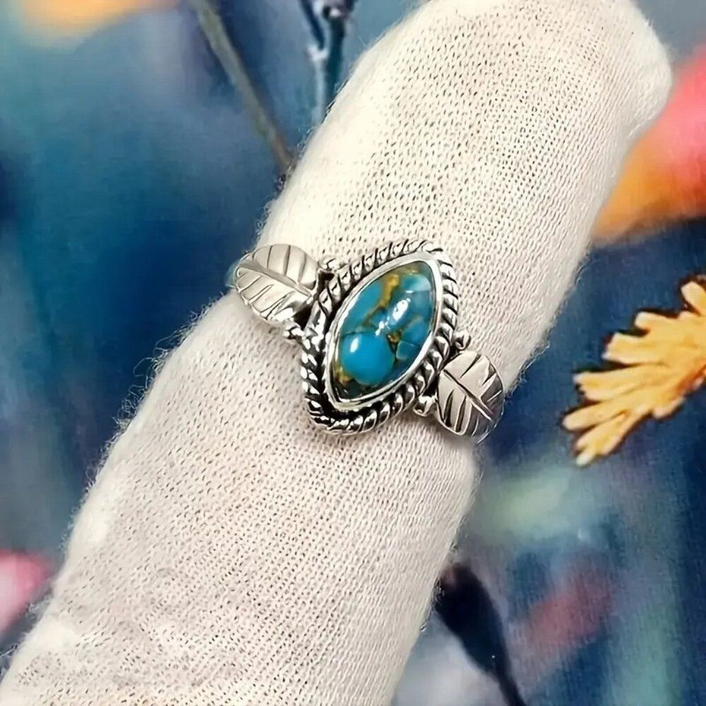 Vintage-Inspired Alloy Leaf Ring with Marquise Blue Synthetic Gemstone Size 7